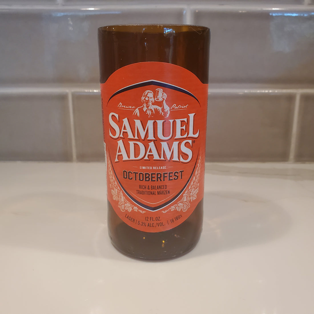 Samuel Adams Octoberfest Hand Cut Upcycled Beer Bottle Candle - Choose Your Scent