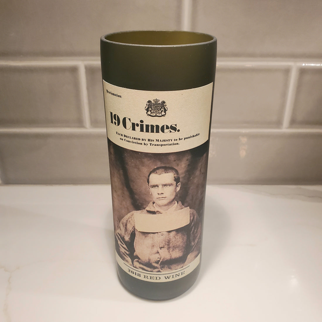 19 Crimes Hand Cut Upcycled Wine Bottle Candle - Choose Your Scent
