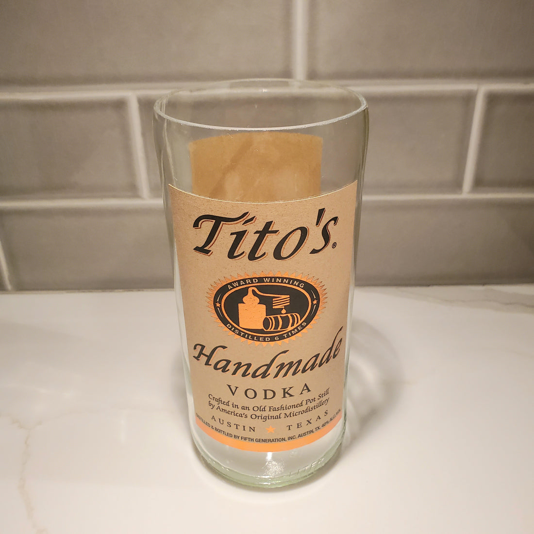 Tito's Vodka 1L Hand Cut Upcycled Liquor Bottle Candle - Choose Your Scent