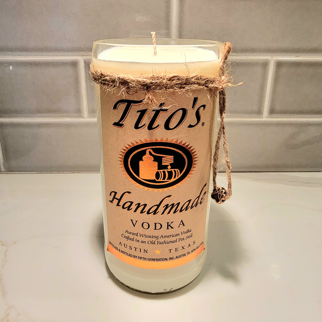 Tito's Vodka 1L Hand Cut Upcycled Liquor Bottle Candle - Scent - Citron and Mandarin