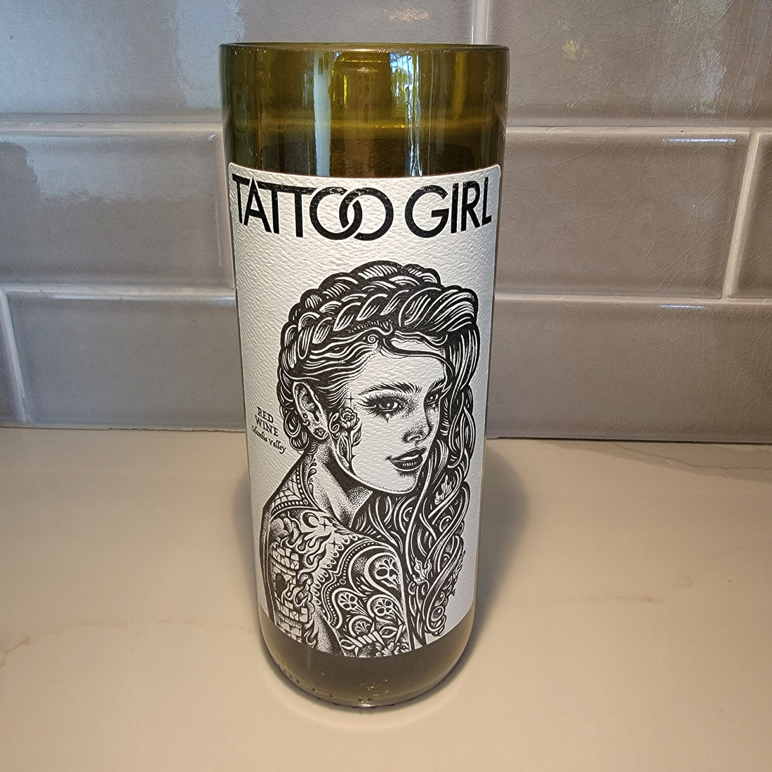 Tattoo Girl Hand Cut Upcycled Wine Bottle Candle - Choose Your Scent