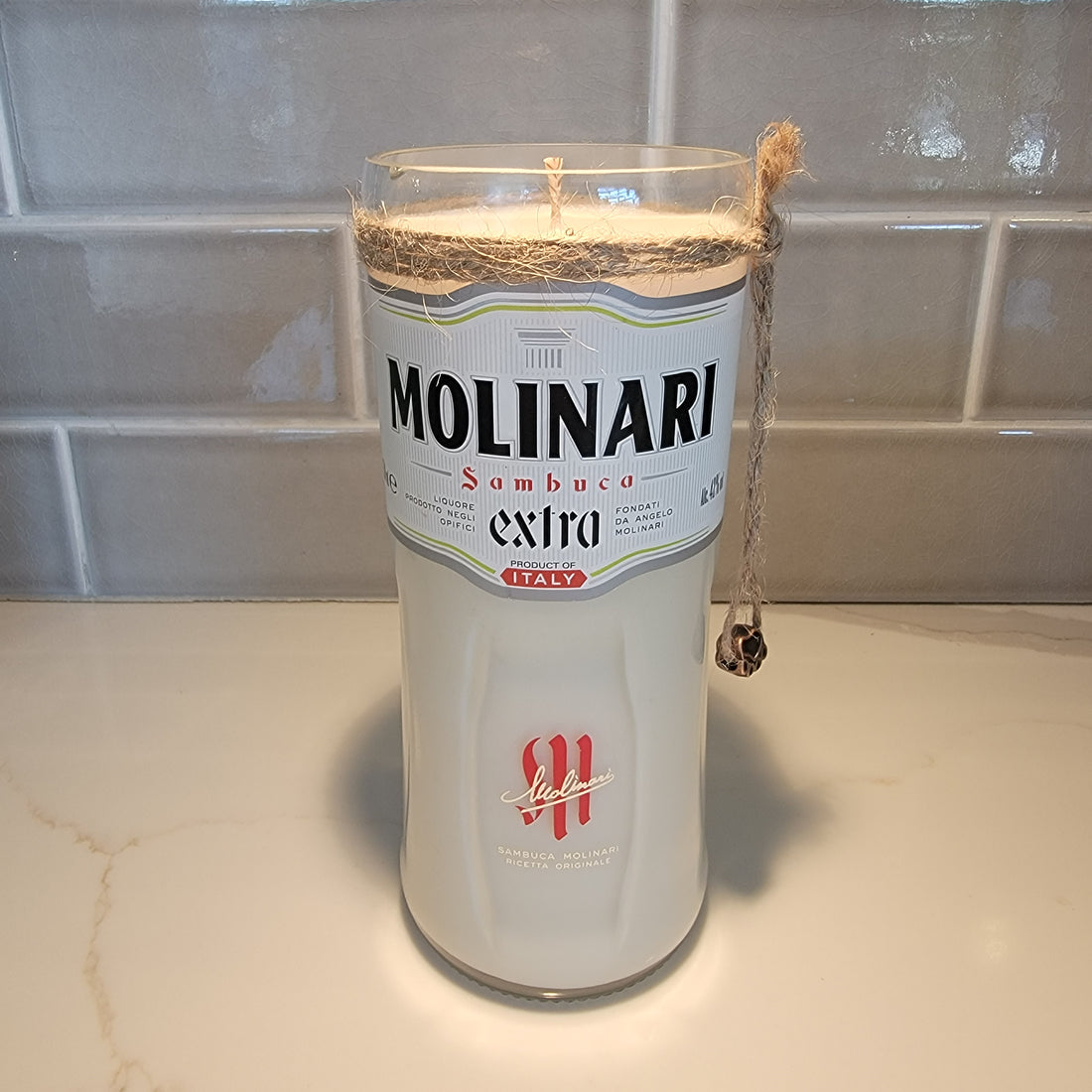 Molinari 750ml Hand Cut Upcycled Liquor Bottle Candle - Scent - Almond Biscotti