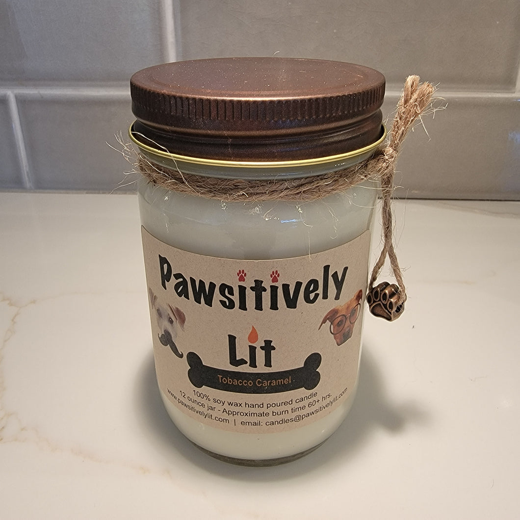 Tobacco Caramel Scented Pawsitively Lit 100% Soy Wax Mason Jar Candle